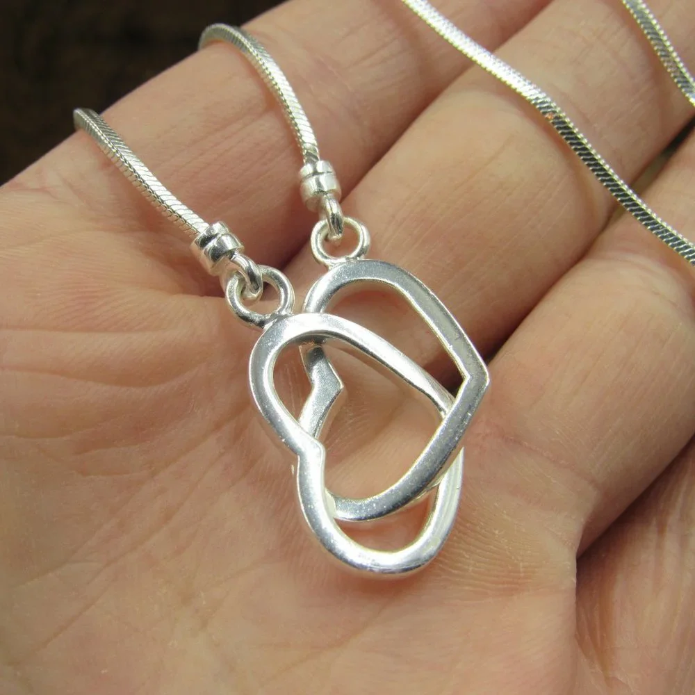 14" Sterling Silver Double Locking Hearts Necklace Vintage - Picture 3 of 6